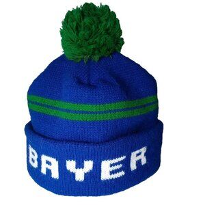Bayer Pharmaceuticals Hat Knit Beanie Boggin Blue Green Pom Pom Vintage USA Made